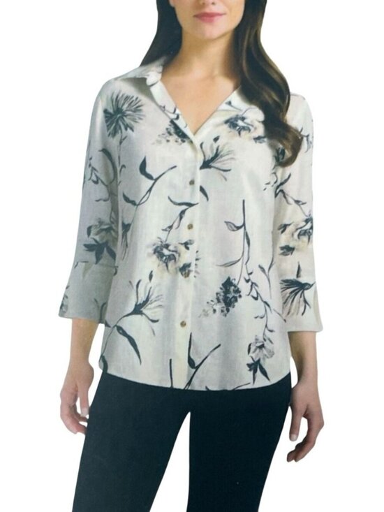 Matty M Tops - NWT Matty M Women's XS Linen Blend Floral Button-Down Shirt 3/4 Sleeve G2240